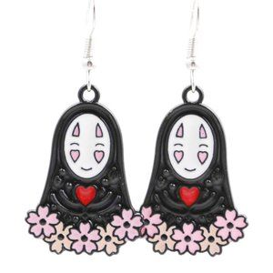 Handmade Enamel Spirited Away Kaonashi No Face with Sakura Flower Earrings, New